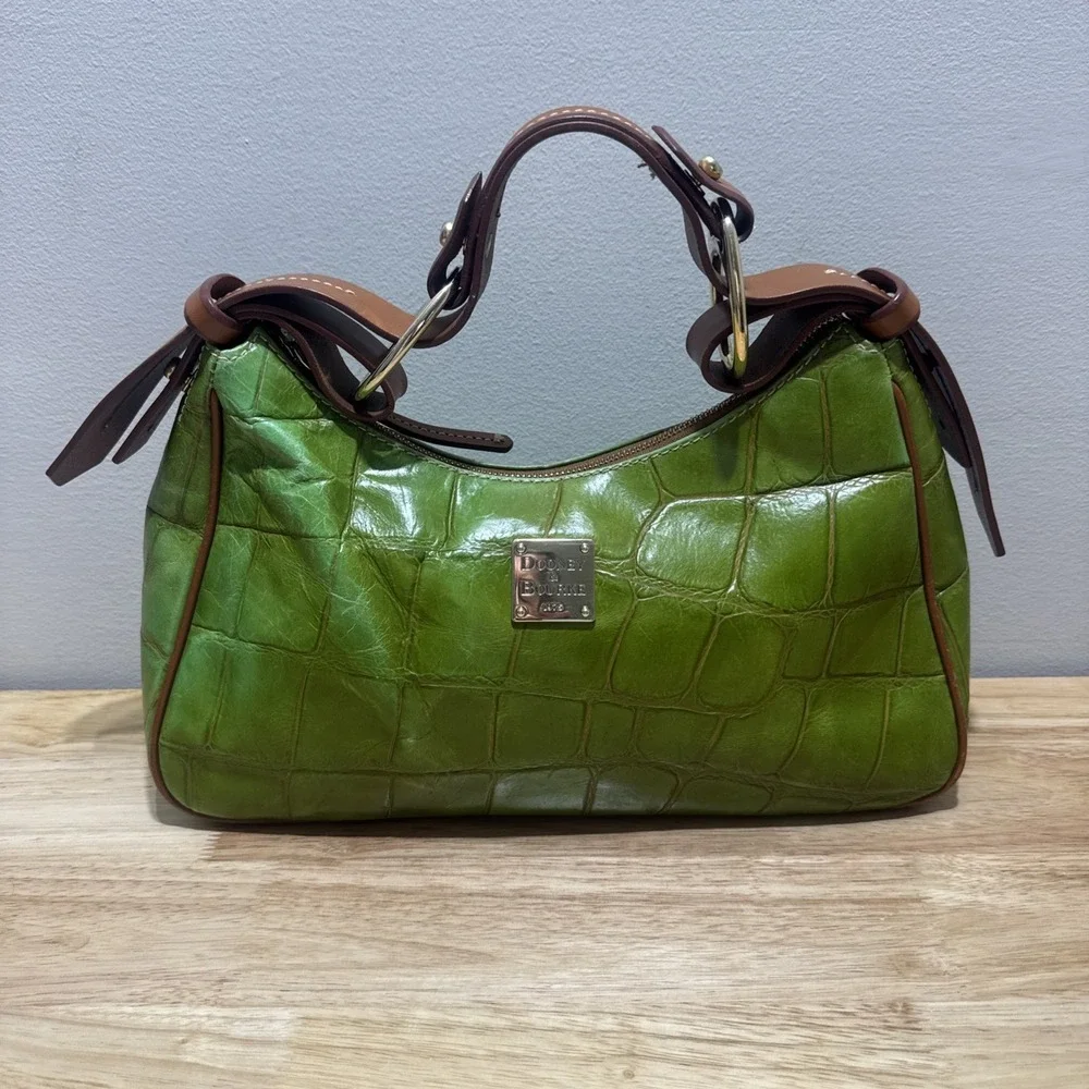 Vintage Dooney & Bourke Green Crocodile Embossed Medium Hobo Bag Purse J599095